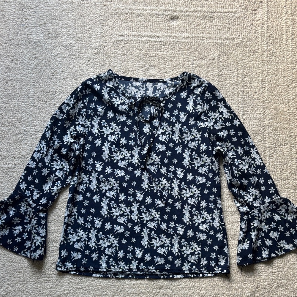Floral Tie-Neck Bell Sleeve Top - Navy